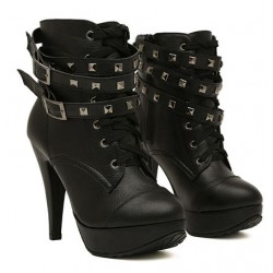 Black Lace Up Metal Studs Platforms Stiletto High Heels Boots Shoes