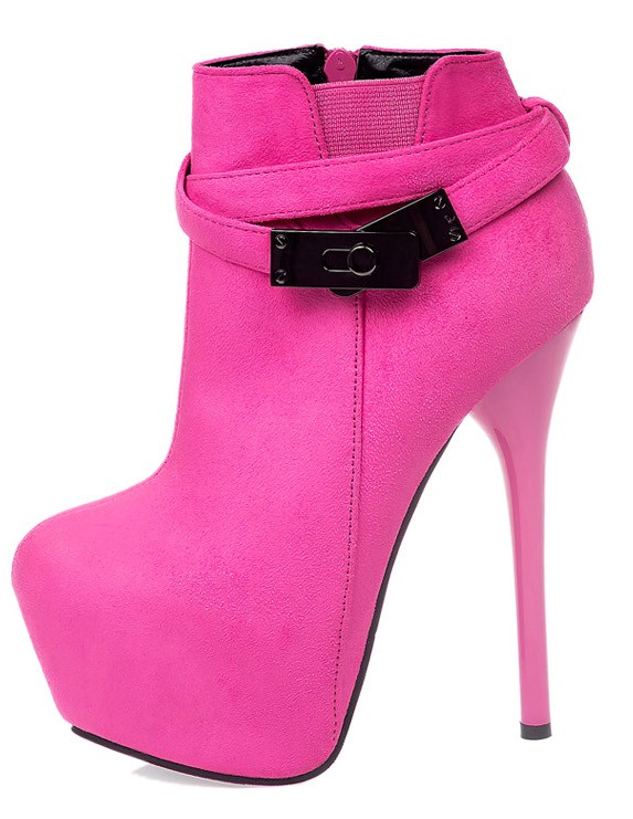 Pink Suede Metal Buckle Straps Platforms Stiletto High Heels Boots Shoes