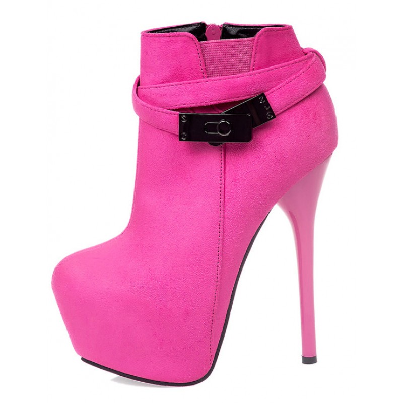 Pink Suede Metal Buckle Straps Platforms Stiletto High Heels Boots Shoes