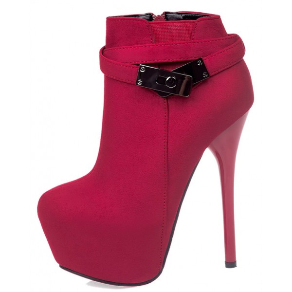 Red Suede Metal Buckle Straps Platforms Stiletto High Heels Boots Shoes