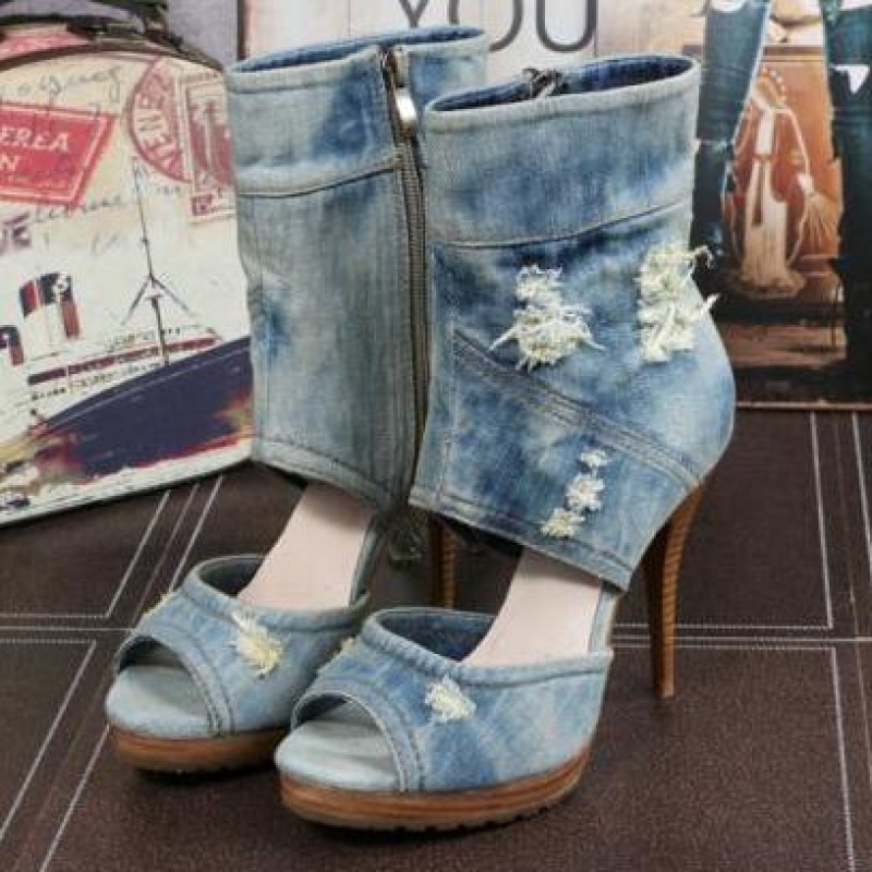 Blue Ripped Denim Jeans Ankle Peep Toe Sandals Stiletto High Heels ...