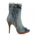 Blue Lace Denim Jeans Ankle Peep Toe Sandals Stiletto High Heels Boots Shoes
