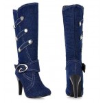 Blue Denim Jeans Buckle Long Stiletto High Heels Boots Shoes