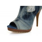 Blue Lace Denim Jeans Ankle Peep Toe Sandals Stiletto High Heels Boots Shoes