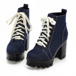 Blue Demin Jeans Lace Up Platforms Sneakers Chunky Block High Heels Boots Shoes