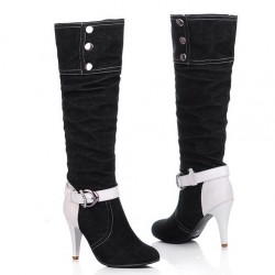 Black Denim Jeans White Buckle Long Stiletto High Heels Boots Shoes