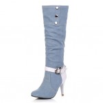 Blue Light Denim Jeans White Buckle Long Stiletto High Heels Boots Shoes