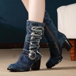 Blue Ripped Denim Jeans Platforms Mid Calf High Heels Boots Shoes