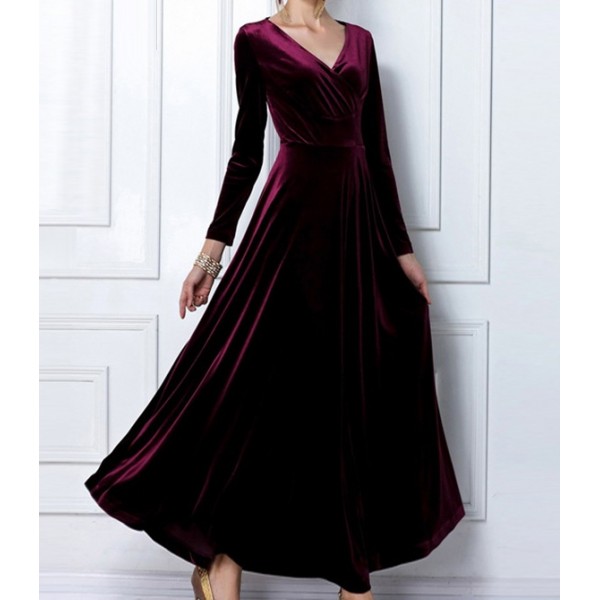 Purple Velvet Long Sleeves V Neck Gothic Maxi Long A Line Dress Gown