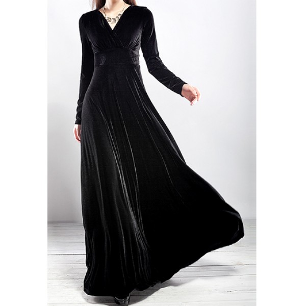 Black Velvet Long Sleeves V Neck Gothic Maxi Long A Line Dress Gown