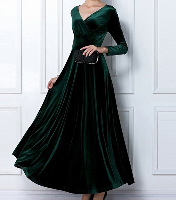 Green Velvet Long Sleeves V Neck Gothic Maxi Long A Line Dress Gown