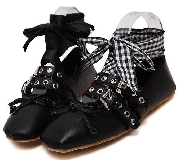 Black Studs Straps Ankle Ribbons Punk Rock Ballets Ballerina Flats Shoes