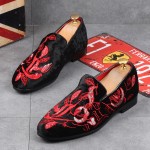 Black Red Velvet Embroidery Flowers Mens Oxfords Loafers Dress Shoes Flats