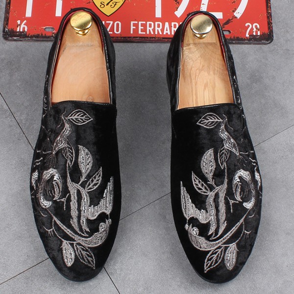 Black Grey Velvet Embroidery Flowers Mens Oxfords Loafers Dress Shoes Flats
