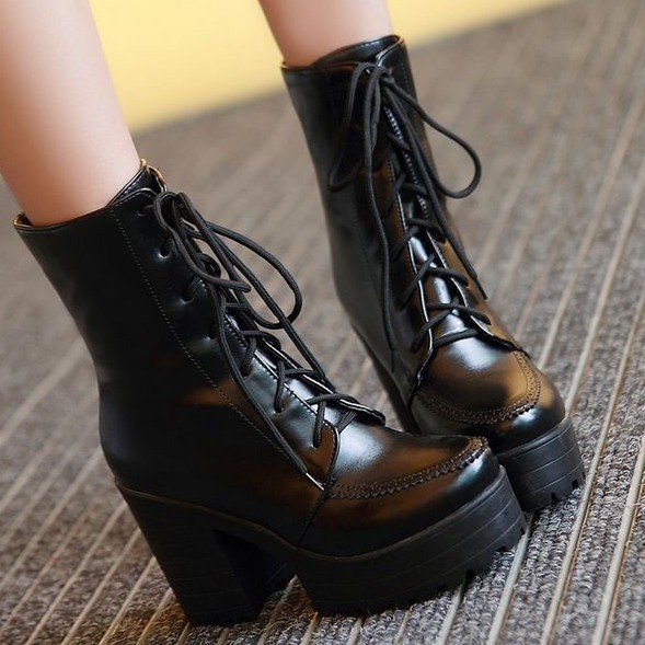 Black High Top Lace Up Platforms Punk Rock Chunky High Heels Combat ...