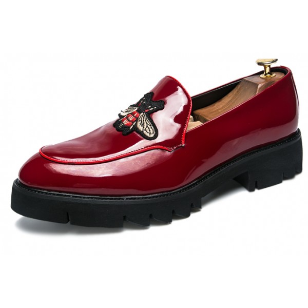 Red Patent Bee Embroidery Mens Oxfords Loafers Dress Shoes Flats