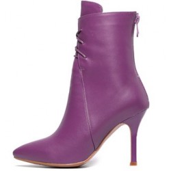 Purple Leather Lace Up Point Head Stiletto High Heels Ankle Boots Shoes