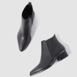Black Pointed Head Leather V Chelsea Ankle Boots Flats Shoes