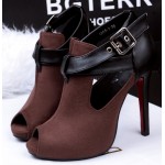 Brown Suede Cross Strap Belt Peep Toe Stiletto High Heels Sandals Shoes