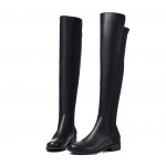 Black Leather Elastic Long Knee Rider Flats Boots Shoes