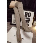 Khaki Suede Elastic PU Point Head Long Knee Rider High Heels Boots Shoes