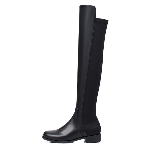 Black Leather Elastic Long Knee Rider Flats Boots Shoes