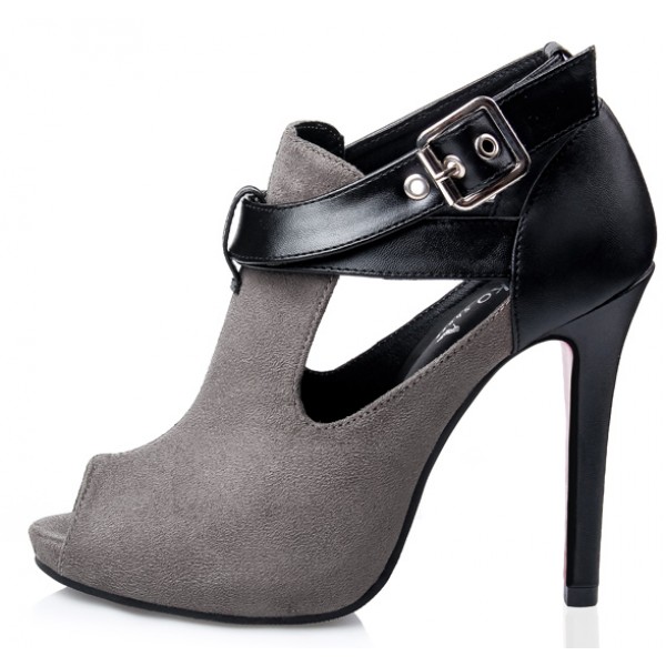Grey Suede Cross Strap Belt Peep Toe Stiletto High Heels Sandals Shoes