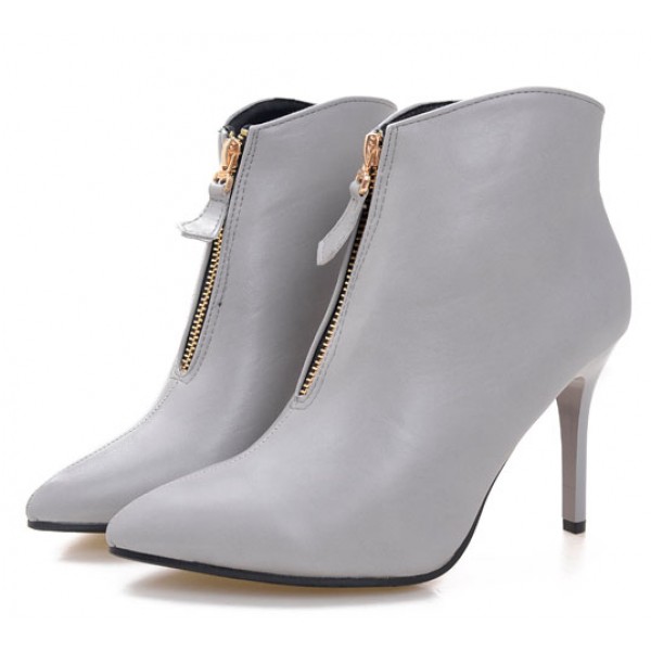 Grey Zipper Pointed Head Ankle Stiletto High Heels Boots Shoes