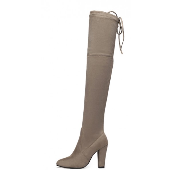 Khaki Suede Elastic PU Point Head Long Knee Rider High Heels Boots Shoes