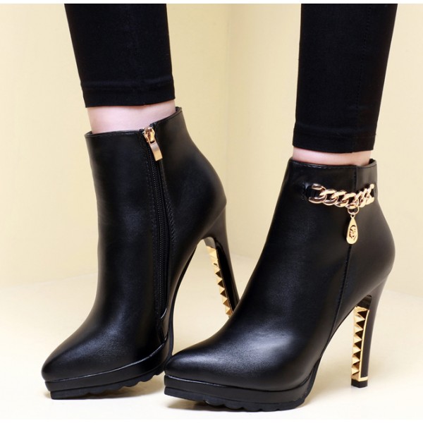 Black Gold Metal Chain Stiletto High Heels Ankle Boots Shoes