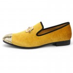 Yellow Velvet Gold Emblem Spikes Mens Loafers Dapperman Prom Dress Shoes