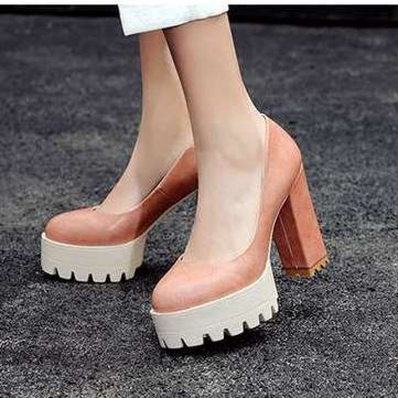 Pink Chunky Platforms Cleated Sole Mary Jane Block High