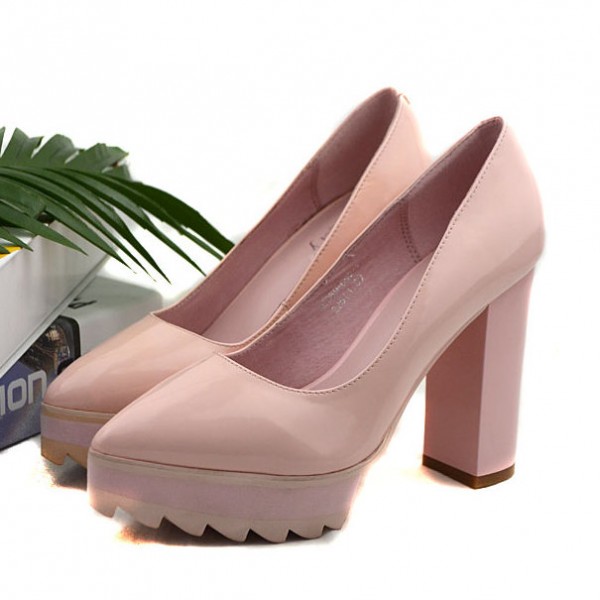Pink Pointed Head Platforms Cleated Sole Mary Jane Block High Heels Shoes