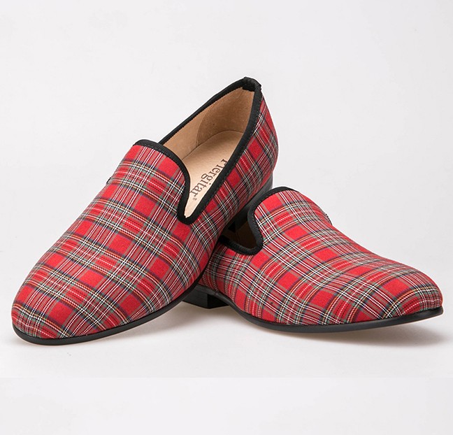 Red Scotland Plaid Tartan Checkers Mens Loafers Prom Dress Shoes 0996