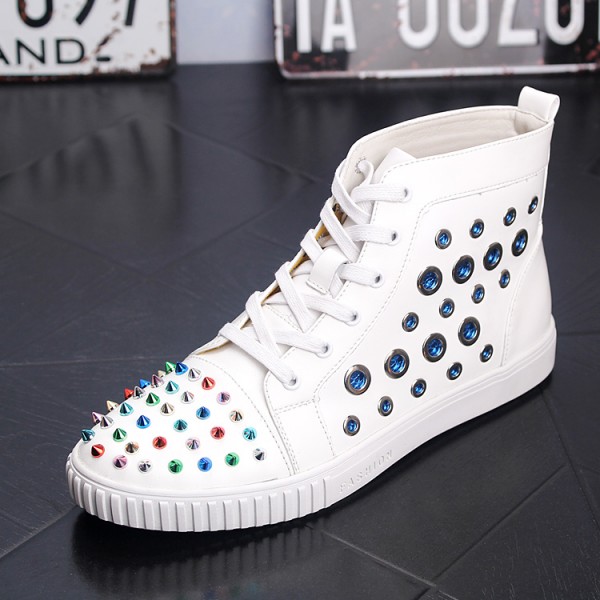 White Rainbow Rings Spikes Punk Rock Mens High Top Sneakers Shoes