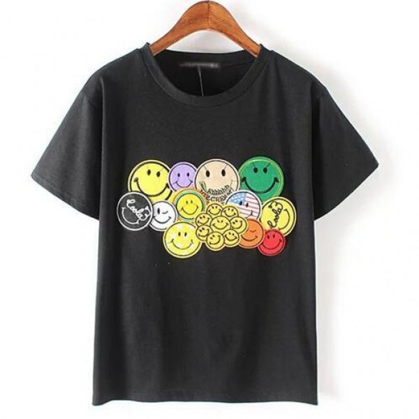 Black White Colorful Smile Happy Faces Short Sleeves T Shirt Top