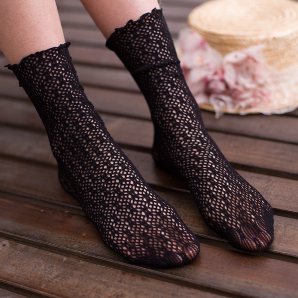Black White Lace Fish Net Lolita Ankle Socks