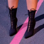 Black Lace Up Mid Length High Stiletto Heels Shoes Boots