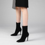 Black Suede Stretchy Mid Length Pointed Head High Heels Boots Shoes