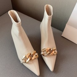 Beige Pointed Head Gold Chain Kitten Heels Ankle Boots Shoes