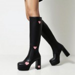 Black Platforms Pink Hearts Block High Heels Long Thigh Knee Boots Shoes