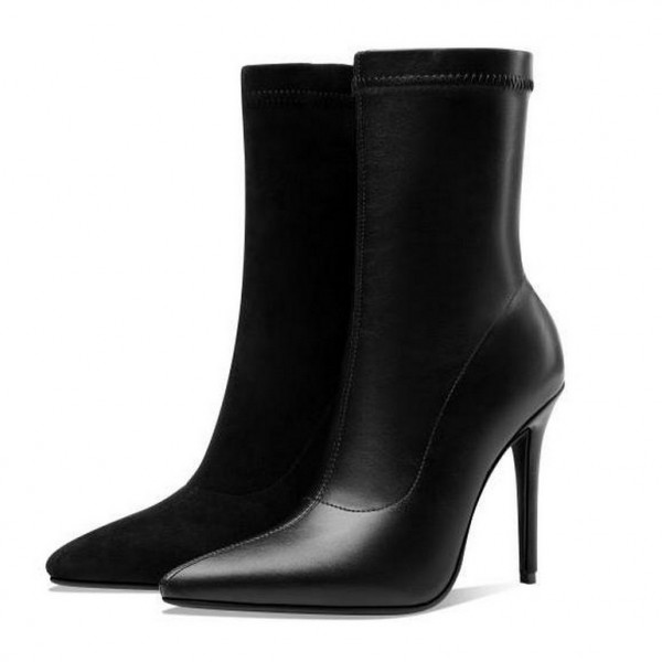 Black Stretchy Mid Length Pointed Head High Heels Boots Shoes