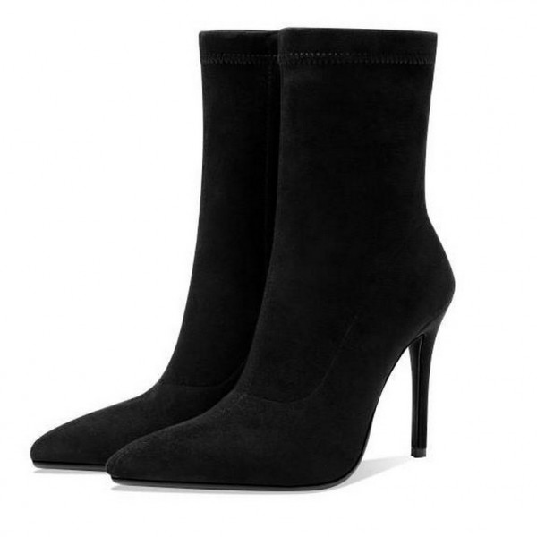 Black Suede Stretchy Mid Length Pointed Head High Heels Boots Shoes