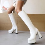 White Platforms Chunky Block Heels Long Thigh Knee Boots Shoes
