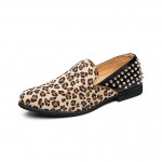 Beige Suede Leopard Print Spikes Mens Prom Loafers Shoes