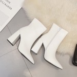 White Pointed Head Ankle Chelsea High Block Heels Boots