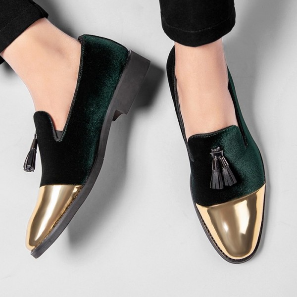 Green Velvet Gold Tassels Mens Prom Dappermen Loafers Shoes