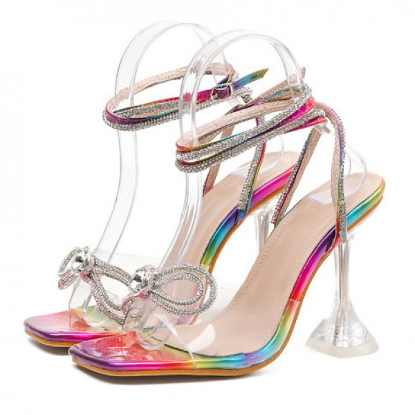 Rainbow Transparent Diamantes Bow High Stiletto Heels Sandals Shoes