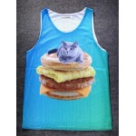 Blue Cat on Egg Muffin Cheeseburger Net Sleeveless Mens T-shirt Vest Sports Tank Top
