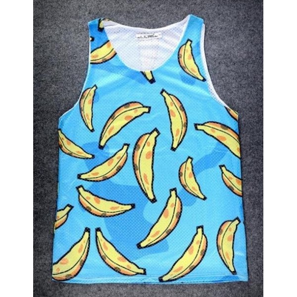 Blue Yellow Funky Banana Cartoon Net Sleeveless Mens T-shirt Vest Sports Tank Top